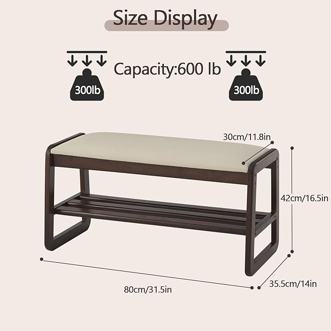 Shoe Rack Bench,2 Tier Wooden Entryway Bench with Shoe Storage, Shoe Rack with Cushion for Living Room, Hallway(Pu Beige, 31.5")