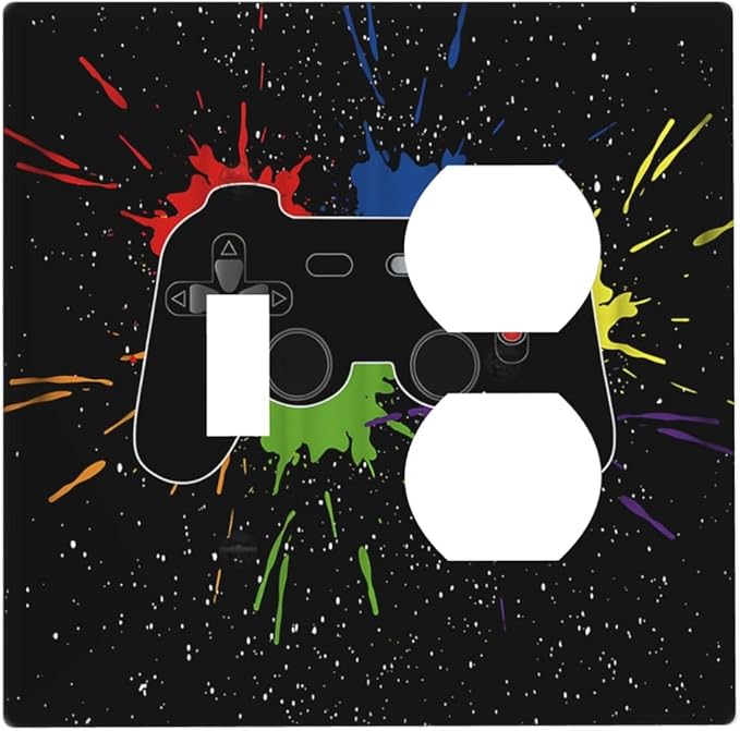 Classic Videogames Controller Black Splash Ink Colorful Wallplates 1 Toggle 1 Duplex Switch Plate Electrical GFCI Faceplate Decorative Light Switch Covers for Kids Room Nursery Decor