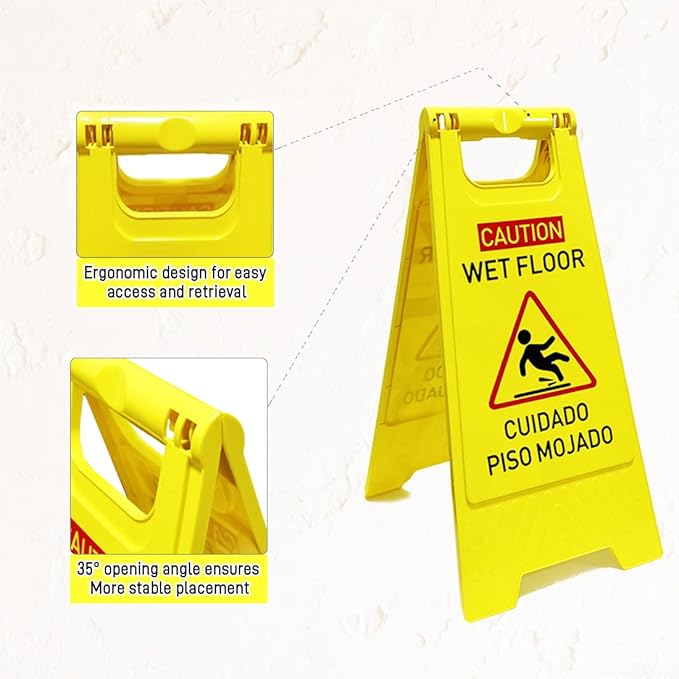 1-Pack Caution wet floor sign, 24 in. (approx. 60 cm) Height,Bright Yellow Double-Sided Folding A-Shaped Frame Design, Bilingual Caution Message