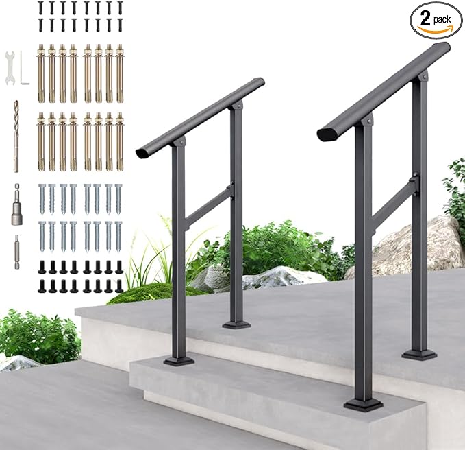 DIYHD 2 Step Handrail for Outdoor,Powder Coated Iron Stair Railing,Black Hand Rails for Indoor, Porch,Deck,2 Pack