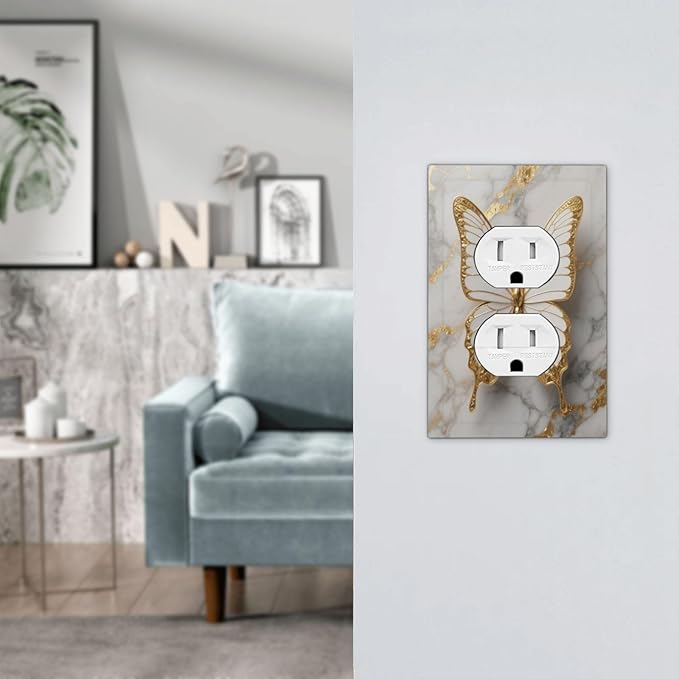 Gold Marble Shine Butterfly Abstract Modern Print Outlet Covers 1 Gang Duplex Light Switch Cover Decorative Switch Plates Electrical Receptacle Faceplate Wall Plate for Bed Room Bathroom Decor