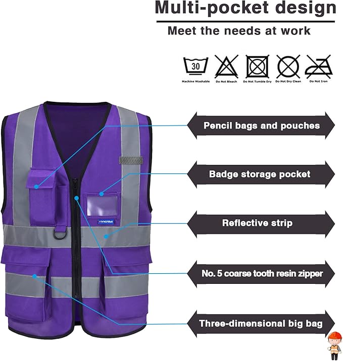 A-SAFETY Purple Reflective Safety Vest - Workwear with 7 Pockets, Hi Vis, Durable, 4 Lower Pockets