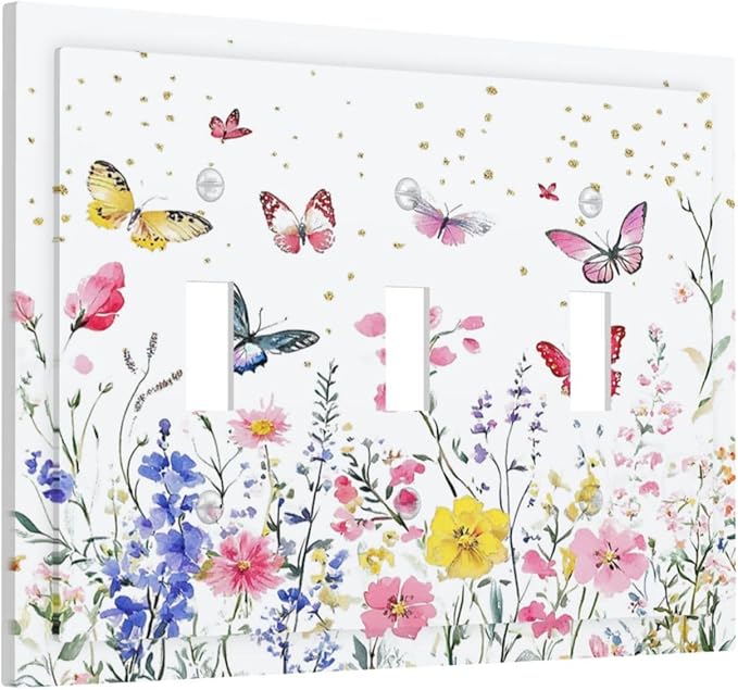 Decorative Switch Plates Watercolor Floral Butterfly Colorful Wildflower 3 Gang Wall Plate Triple Toggle Light Switch Cover Faceplate Electrical Wall Panels For Bed Room Living Room Decor