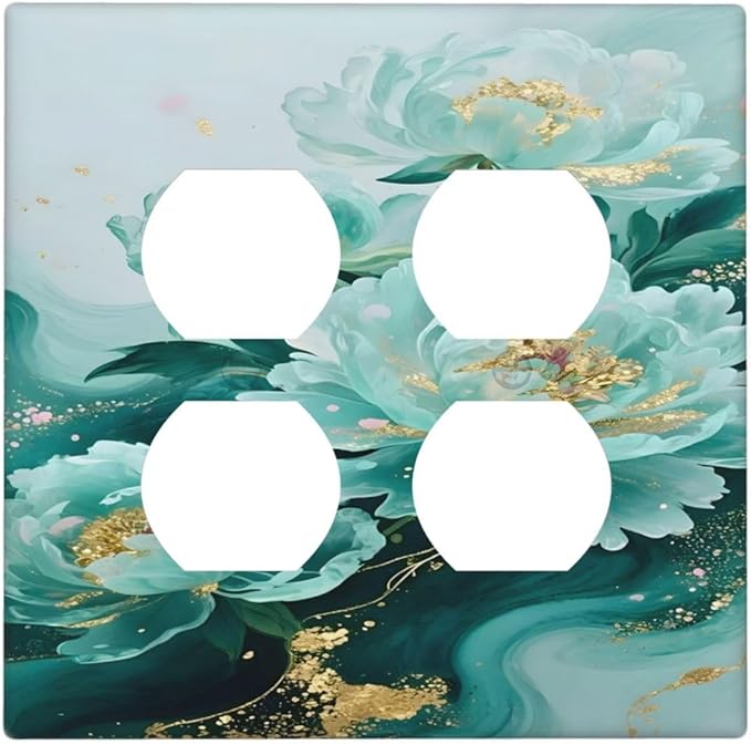 Decorative Switch Plate Covers Gold Green Floral Gilt Marble Flower 2 Gang Outlet Covers Double Duplex Light Switch Cover Plate Gfci Wall Plate for Bathroom Decor
