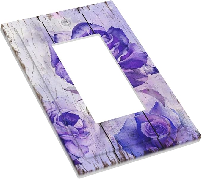 Outlet Covers Purple Rose Flower Rustic Wood Plank 1 Gang Wall Plate Single Rocker Light Switch Cover Decorative GFCI Receptacle Cover Electrical Switchplate for Farmhouse Bathroom Decor