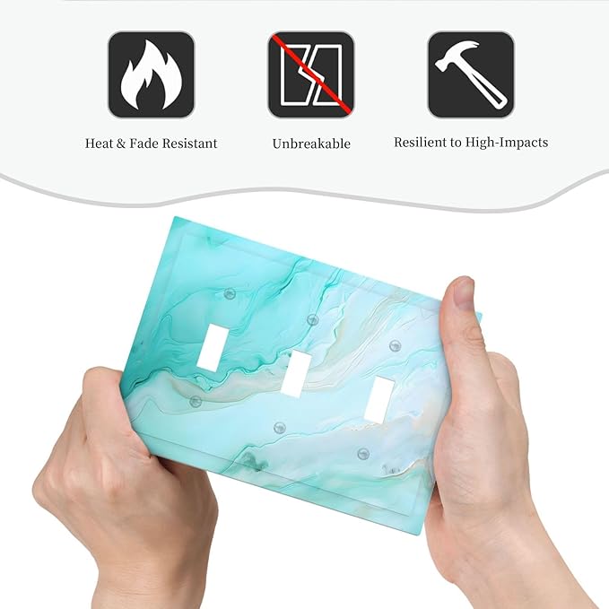 Teal Gold Marbling Turquoise Print Decorative Switch Plates 3 Gang Wall Plate Triple Toggle Light Switch Cover Faceplate Electrical Wall Panels for Bathroom Living Room Home Decor
