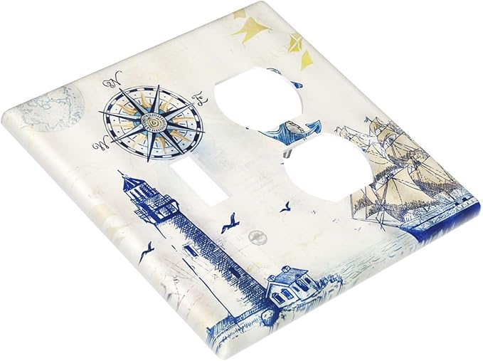 Nautical Sailboat Lighthouse Compass Anchor Decorative Light Switch Cover Plate 1 Toggle/1 Duplex Outlet Covers 2 Gang Combo Gfci Wall Plate Electrical Receptacle Switchplate for Bedroom Decor