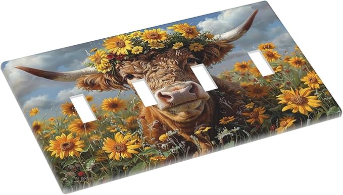 Light Switch Covers Vintage Sunflower Highland Cow Rustic Art Quad Toggle Electrical Faceplate 4 Gang Wall Plate Decorative Switch Plates for Bedroom Farmhouse Decor