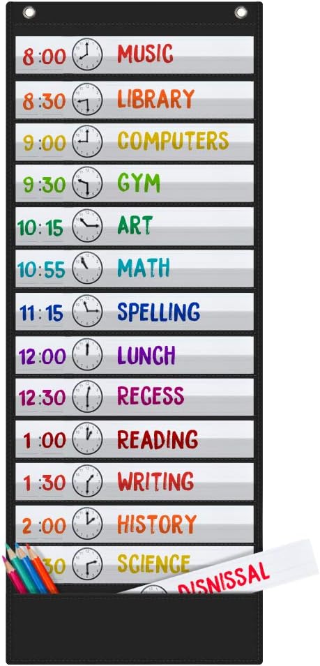 Godery Daily Schedule Pocket Chart, 13+1 Scheduling Pocket Chart with18 Dry-Eraser Cards, Educational Charts for Classroom Office Home Preschool Activity (Black)