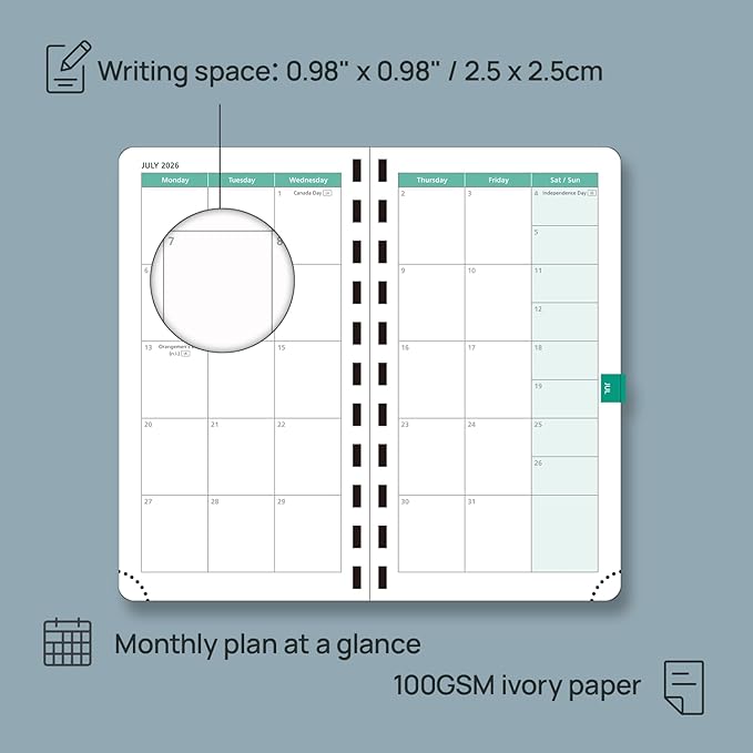 POPRUN 2026 Pocket Planner (Slim Size 3.5" x 6.5") Weekly and Monthly Calendar for Purse, with Hourly Time Slots, 100GSM Thick Paper, Spiral Soft Cover, Pen Holder - Blue Green
