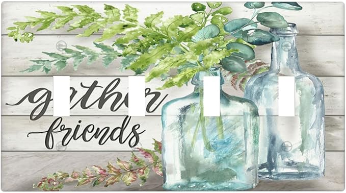Light Switch Cover Watercolor Modern Flower 4 Gang Switch Plate Quad Toggle Wall Plates Floral Plant Wood Decorative Switchplate Electrical Outlet Cover Plates for Farmhouse Bathroom Decor