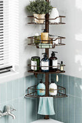 Corner Shower Caddy Tension Pole, 4 Tier Rustproof Shower Tension Rod Organizer, Adjustable 25-125 Inch Bathroom Shower Organizer Shelves for Bathtub Shampoo Storage, Brown