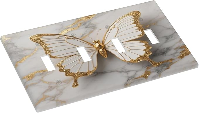 Gold Marble Shine Butterfly Abstract Modern Print Light Switch Covers Quad Toggle Electrical Faceplate 4 Gang Wall Plate Decorative Switch Plates for Bed Room Bathroom Decor