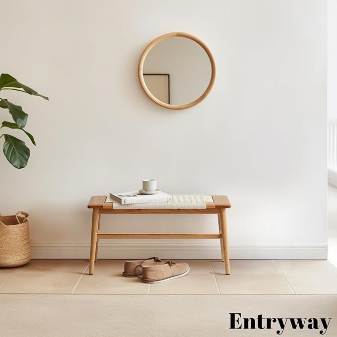 Wood Dining Bench,100% Natural Solid Oak with Rattan Design, Rounded Edge, Bench for Entryway Hall, Dining Room,Bedroom, Living Room (Off-White, 31.49 inch)