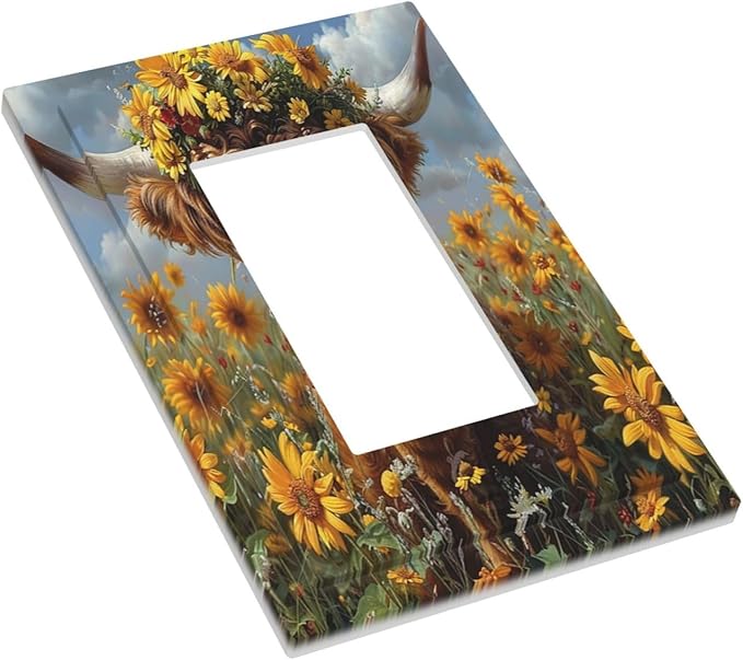 Decorative Outlet Covers Vintage Sunflower Highland Cow Rustic Art 1 Gang Single Rocker Light Switch Cover Plate Wall Plates GFCI Faceplate for Bedroom Farmhouse Decor