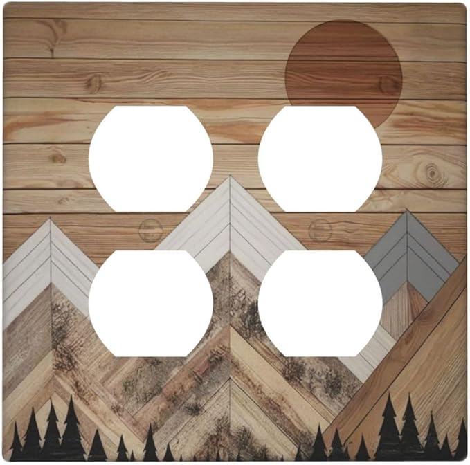 Wooden Planks Mosaic Snow Mountain Sun Outlet Covers 2 Gang Double Duplex Decorative Light Switch Covers Electrical Wallplates Socket Faceplate for Farmhouse Home Decor