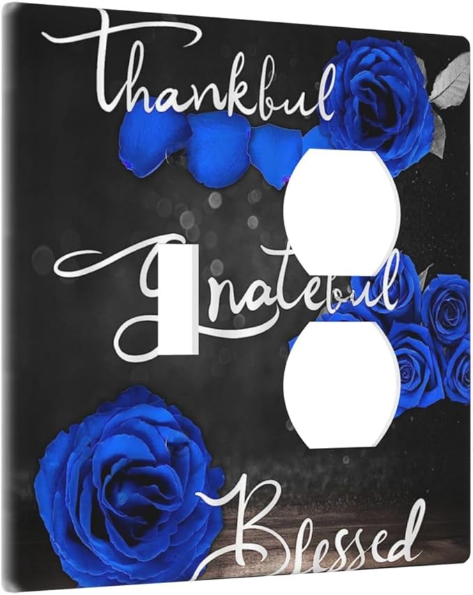 Decorative Light Switch Cover Plate Blue Rose Thankful Grateful Blessed 2 Gang Outlet Covers 1 Toggle 1 Duplex Wall Plate Decorate Electrical Switch Plate Covers for Bedroom Bathroom Decor