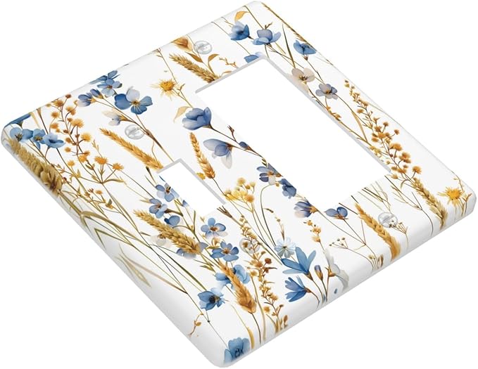 Vintage Wildflower Blue Gold Country Fall Wheat Floral Outlet Covers 1 Toggle 1 Rocker Combination Decorative Wall Plate Electrical Switch Plates Light Switch Cover Plate for Bedroom Living Room Decor