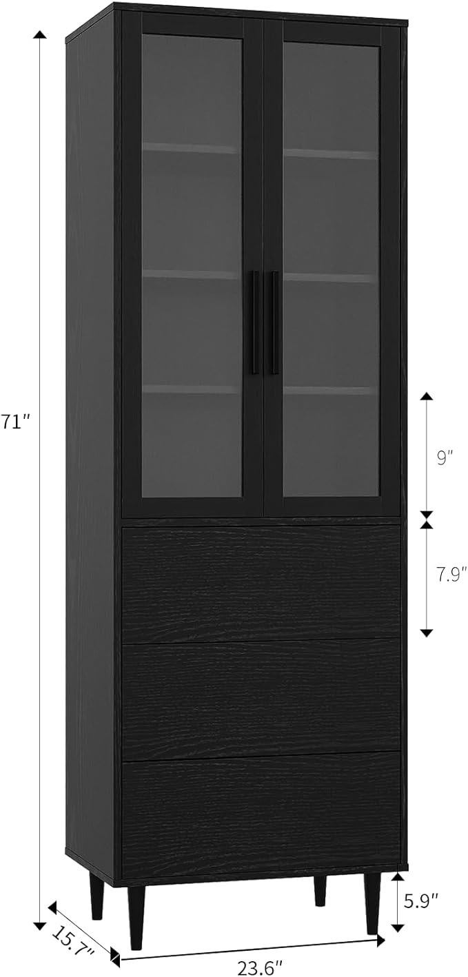 TUSY 70.9“ H Bookshelf with Glass Doors, 5-Tier Display Curio Cabinet with Drawers, Narrow Display Bookcase for Home, Office, Clinic, Pantry (Black, B)