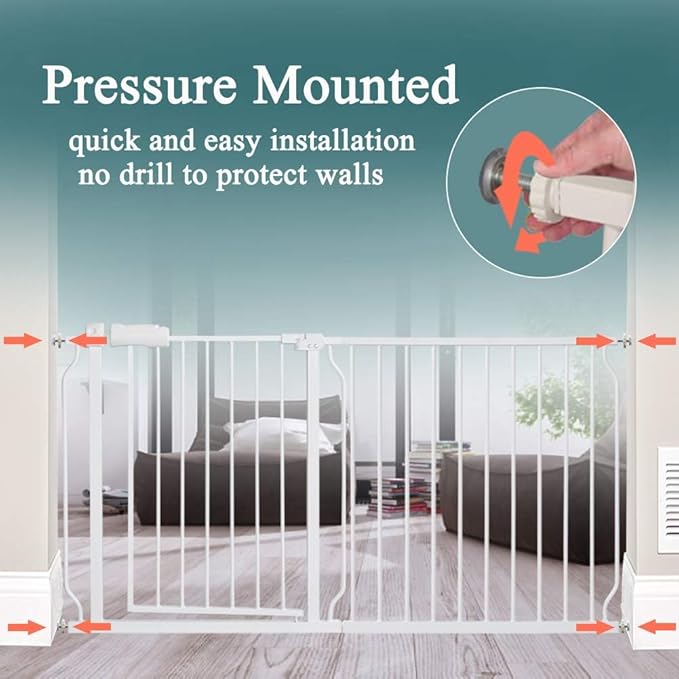 ALLAIBB Baby Gate Pressure Mounted Extra Wide Walk Through Child Kids Safety Toddler Tension White Long Large Pet Dog Gates with Extension for doorways Kitchen and Living Room (62.20-66.93"/158-170cm)