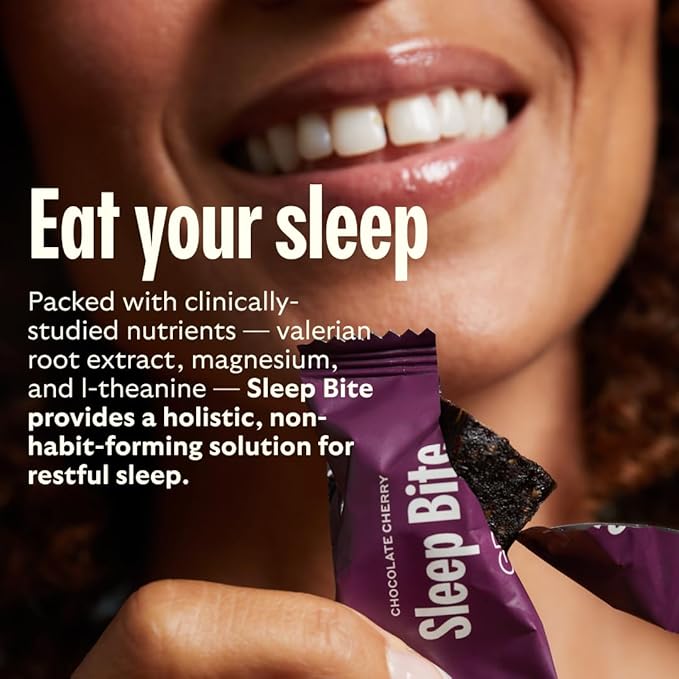 GEM Sleep Aid, Nighttime Bite, Melatonin Free, L-Theanine, Magnesium, Valerian Root Extract | Vegan and Gluten Free | Earthy Chocolate Cherry (28 Pack)