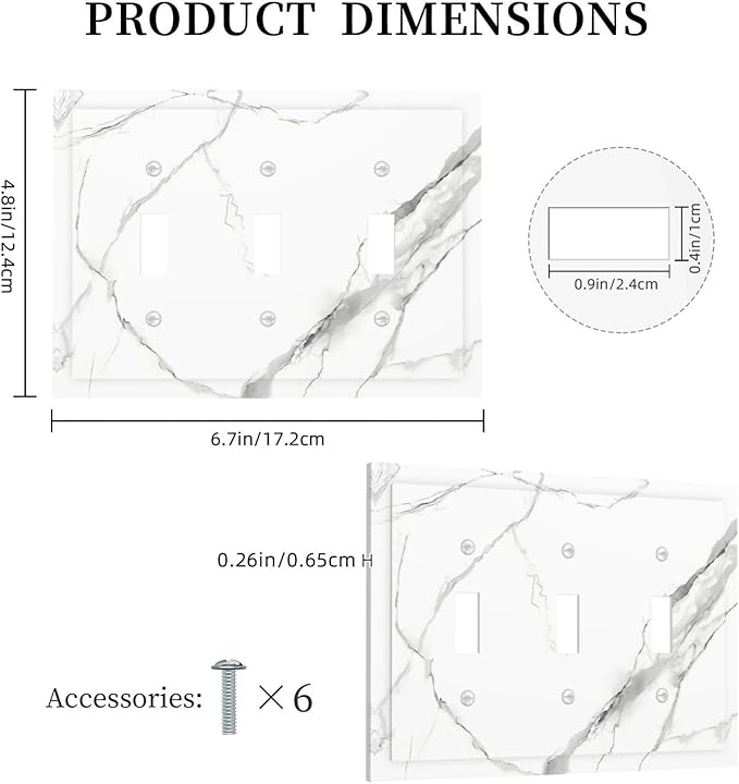 White Marble Abstract Luxurious Print Decorative Switch Plates 3 Gang Wall Plate Triple Toggle Light Switch Cover Faceplate Electrical Wall Panels for Bathroom Kitchen Home Decor