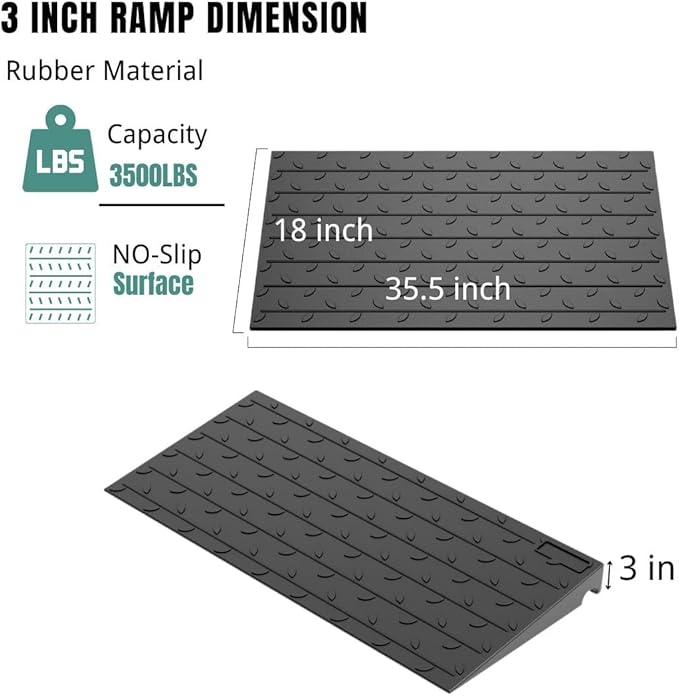 BESEA 3" inch Threshold Ramp Rubber Wheelchair Ramp, No-Slip Surface 3500 Lbs Load Capacity for Home Doorways Driveways Curb