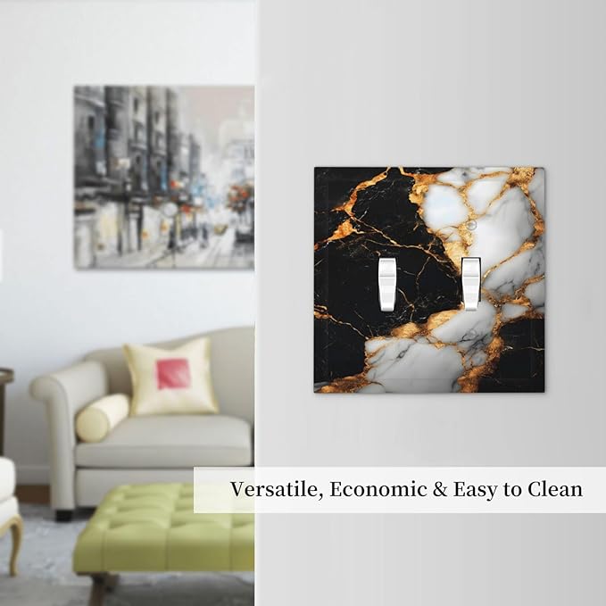 Decorative Light Switch Cover Plate Black Gold Marble 2 Gang Switch Plate Covers Double Toggle Wall Plate Dual Device Faceplate for Country Bathroom Bedroom Decor