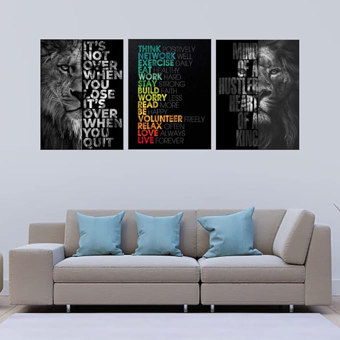 Unbruvo Motivational Office Wall Art Inspirational Canvas Wall Art Lion Picture Print Entrepreneur Quote Wall Painting 3 Pieces Artwork for Living Room Bedroom Classroom Home Decor(72”Wx36”H)