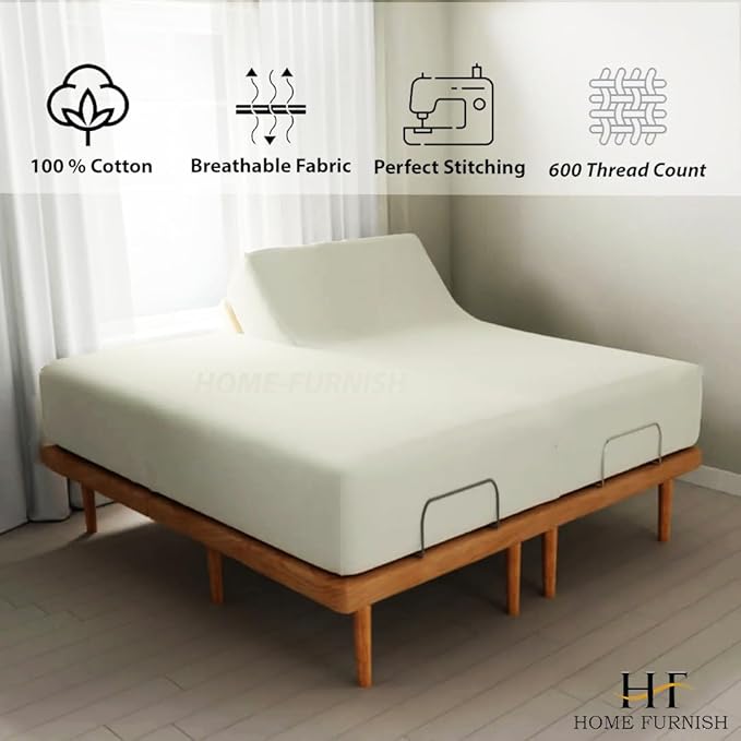 Top Split King Fitted Sheet Only for Adjustable beds, Split Down 39 inches from The Top, 600 Thread Count 100% Cotton Half Split Flex Head Fitted Sheet for Sleep Number Beds, Ivory