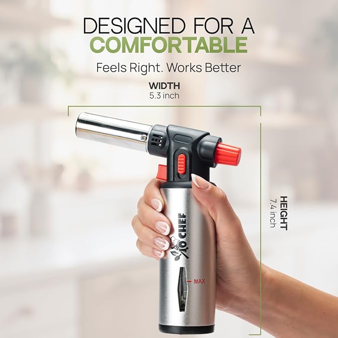 Jo Chef Butane Torch Lighter, Cooking Torch - Refillable Adjustable Flame Lighter with Safety Lock for BBQ, Baking, Brulee Creme, DIY + FREE Recipe eBook (Butane Not Included)