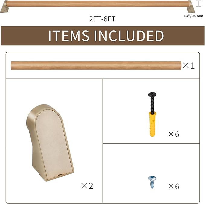 2 FT Modern Aluminum Handrail Set - ADA Compliant Indoor & Outdoor Stair Railing. 1.4" Diameter Grab Bar. Wall-Mounted with 90°Wall Return End. Ideal for Safe Grip，Rust Free(Cherry Wood Grain, 2 FT)