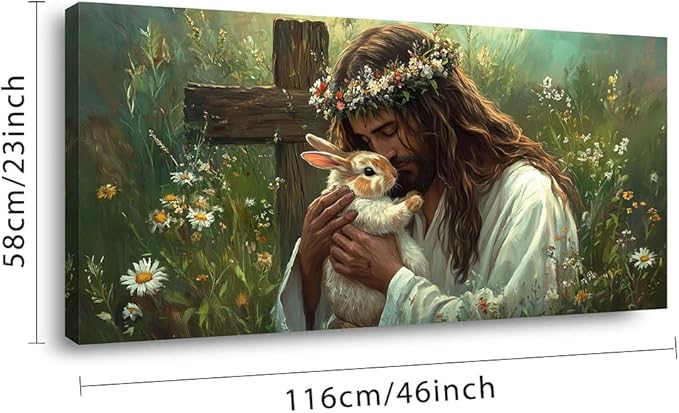 Green Jesus Love Wall Art for Living Room Canvas Painting Prints GOD Embrace Rabbit Bunny Spiritual Faith Crucifix Cross Vintage Art Deco Spring Artwork Office Bedroom Farmhouse Decor Large