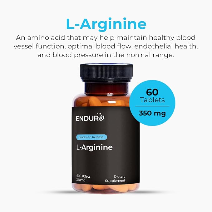 Endur L-Arginine Supplement, Helps Support Healthy Blood Flow & Heart Function, Exercise Performance & Immune Health, Gluten Free, 350mg (60 Tablets)