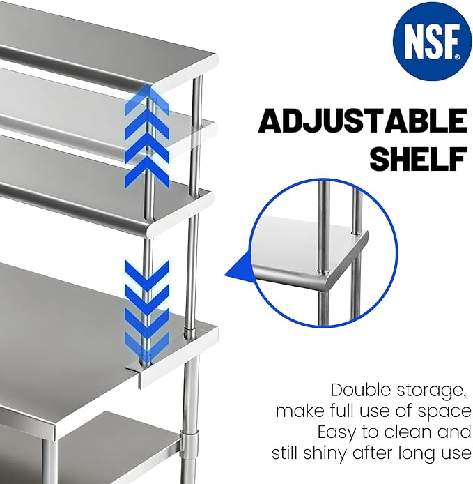 Hally Double Overshelf of Stainless Steel 12'' x 30'' Weight Capacity 340lb, Commercial 2 Tier Shelf for Prep & Work Table in Restaurant, Home and Kitchen