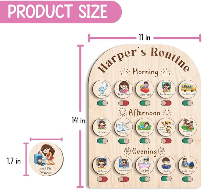 Wooden Chore Chart for Kids Visual Schedule, Routine Chart for Kids, Morning Bedtime Routine Chart for Toddlers Ages 2-4, Daily Kids Schedule Board for Home (04)