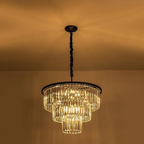 12 Lights 23.64" Black Modern Crystal Chandelier Crystal Pendant Ceiling Light Fixture 3-Tier Hanging Lighting for Dinning Room Bedroom Living Room Foyer