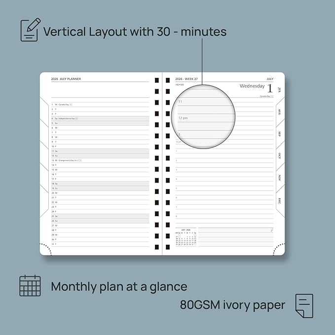 POPRUN 2026 Daily Planner One Page A Day - [8.5" x 5.75" Wire-Bound Hard Cover] Agenda 2026 Hourly Appointment Book with Monthly Calendar, Inner Pocket, Ivory Paper - Midnight Green