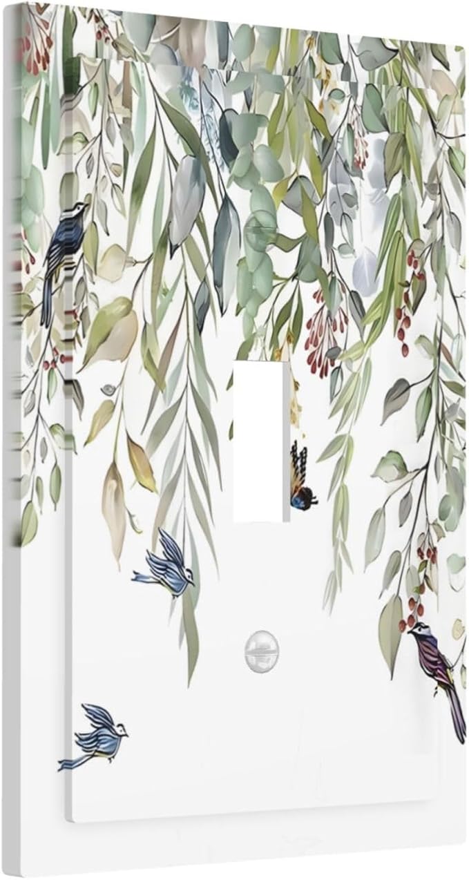 Green Leaf Eucalyptus Leaves Floral Bird Butterfly Decorative Light Switch Cover 1 Gang Single Toggle Device Electrical Faceplate Switchplates Decorator Outlet Wall Plate for Bed Room Living Room