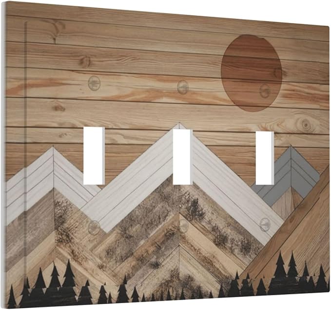 Wooden Planks Mosaic Snow Mountain Sun Decorative Switch Plates 3 Gang Wall Plate Triple Toggle Light Switch Cover Faceplate Electrical Wall Panels for Farmhouse Home Decor
