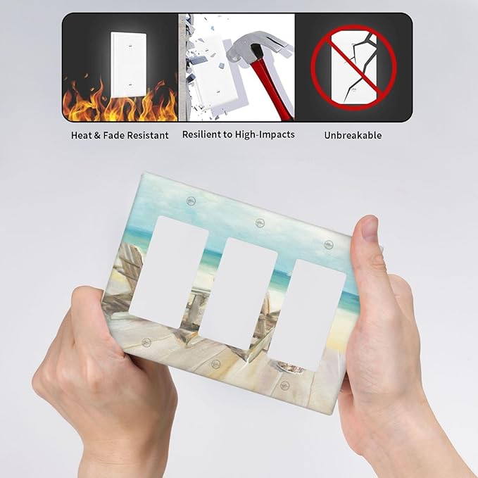 Light Switch Cover Beach Chair Seascape Blue Ocean 3 Gang Wall Plate Triple Light Switch Plate Modern Coastal Rocker GFCI Outlet Covers Decorative Receptacle Cover for Bathroom Bedroom Decor