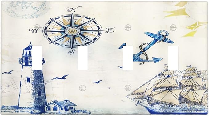 Nautical Sailboat Lighthouse Compass Anchor Quad Toggle Light Switch Covers Decorative 4 Gang Wall Plates Cover Rustic 4 Hole Electrical Device Switchplate Faceplate for Country Bathroom Decor