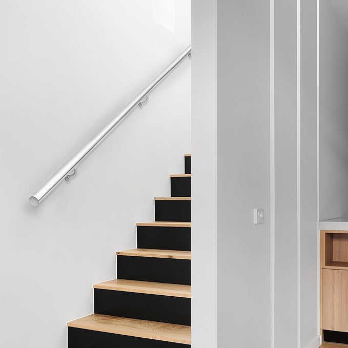 9FT Modern Aluminum Handrail Set, handrails for Indoor Stairs,Deck,Slope, Wall Mounted Staircase handrails, Zink Alloy Brackets Included,Rust Free. (Anodized Silver, 9 FT)