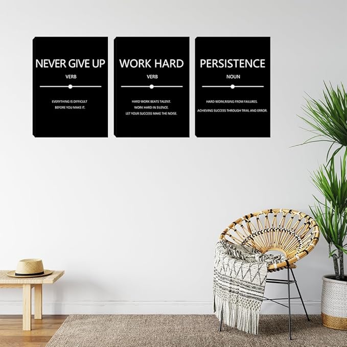Motivational Office Wall Art Decor Inspirational Work Hard Canvas Wall Art 3 Pieces Entrepreneur Success Quote Posters Prints Wall Paintings Picture Home Bedroom Framed Artwork 12"x16"x3
