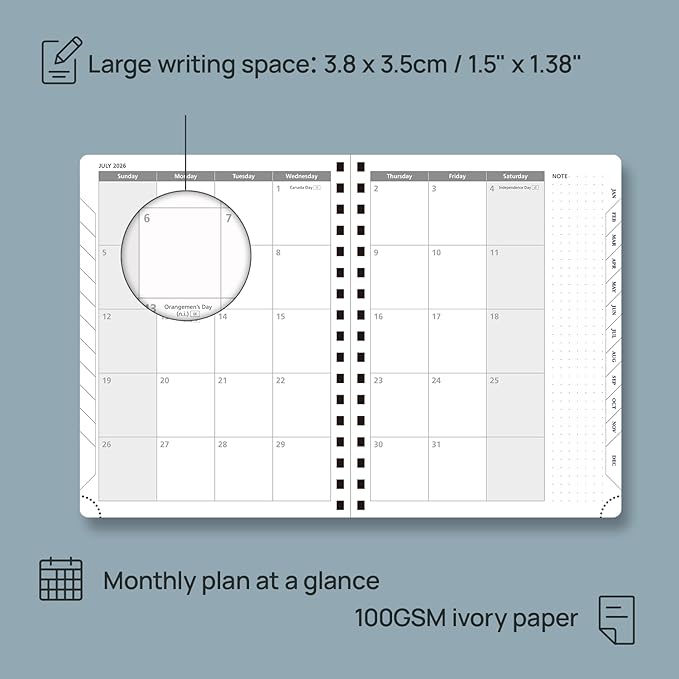 POPRUN 2026 Planner Weekly Notebook (Jan-Dec), Medium 8.5''x 6.5'' - Agenda 2026 Calendar Book with Monthly Tabs, Inner Pocket, Spiral Soft Cover, 100 GSM - Royal Blue
