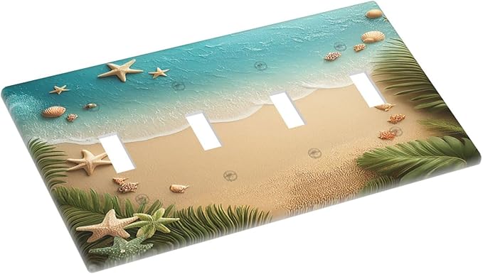 Light Switch Covers Summer Beach Themed Starfish Seashells Quad Toggle Electrical Faceplate 4 Gang Wall Plate Decorative Switch Plates for Bedroom Bathroom Decor
