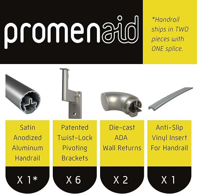 Promenaid 12ft ADA Handrail Kit - Champagne - Complete Indoor/Outdoor Handrail for Stairs - 1.6" Round Anodized Aluminum Railing with 6 Nickel Plated Pivoting Brackets & ADA Wall Returns