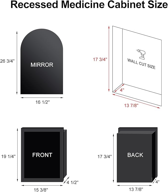 Recessed Medicine Cabinet Mirror for Bathroom,Black Arched Medicine Cabinet with Mirror,Arch Bathroom Mirror with Storage,Surface Mount Wall Cabinet,16x26 Mirrored Cabinets Wall Mounted