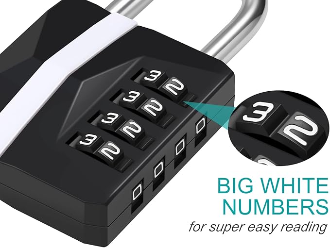 ZHEGE Combination Lock for Locker, [2023 Upgraded] Heavy Duty Weatherproof Padlock Combination 4 Digit for Outdoor Fence Shed Gate, White Number Lock for Gym Locker, School Lock, Toolbox (Black)