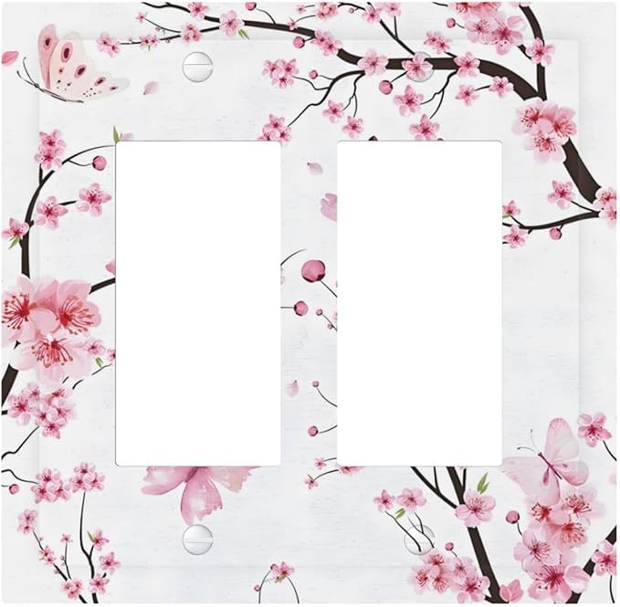 Cherry Floral Watercolor Pink Flowers Butterfly Decorative Outlet Covers 2 Gang Double GFCI Rocker Electrical Wall Panels Light Switch Cover Plate for Bed Room Living Room Decor